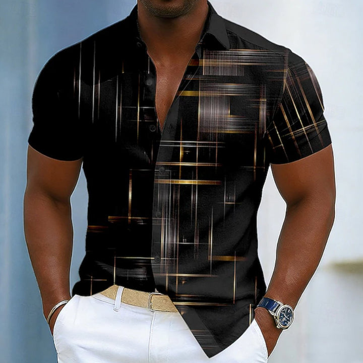 Men's Short Sleeve Geometric Print Button-Up Shirt - Black