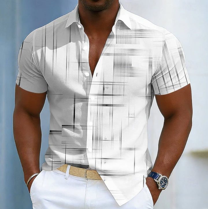Men's Short Sleeve Geometric Print Button-Up Shirt - White