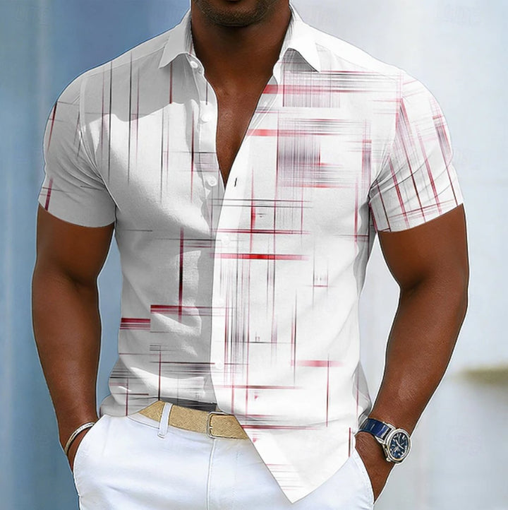 Men's Short Sleeve Geometric Print Button-Up Shirt - Red