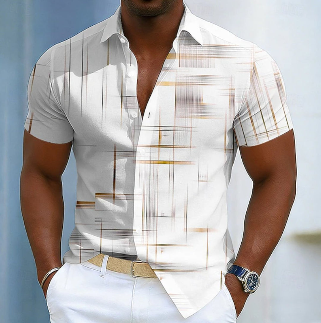 Men's Short Sleeve Geometric Print Button-Up Shirt - Khaki