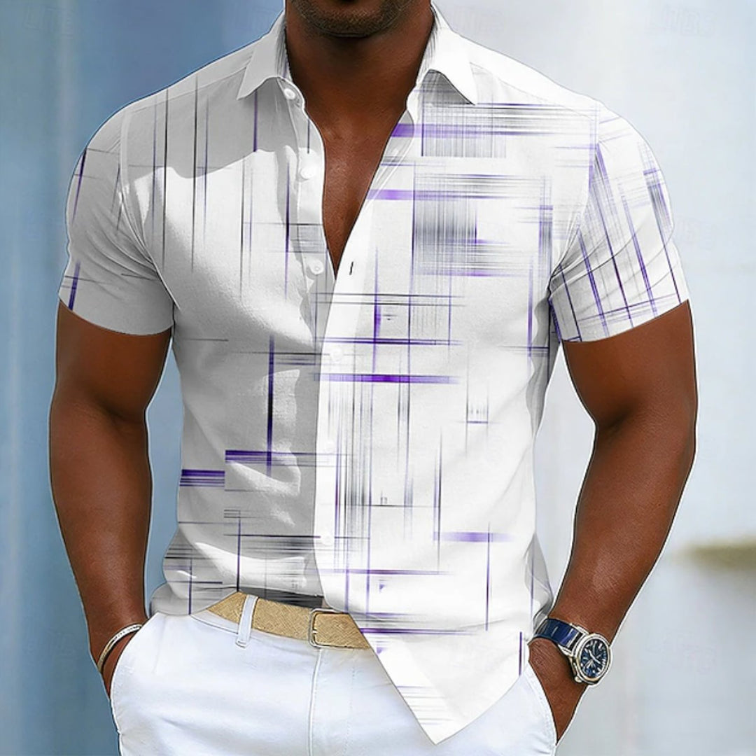 Men's Short Sleeve Geometric Print Button-Up Shirt - Purple