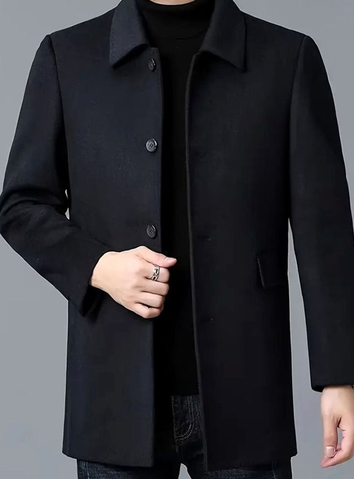 Men's Single-Breasted Tailored Wool Overcoat - Black