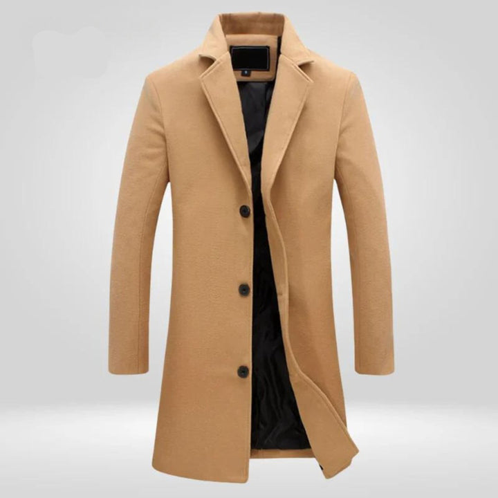Men's Single-Breasted Wool Coat Long Notch Lapel Overcoat - Camel