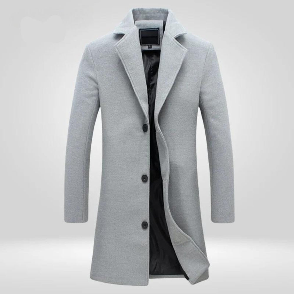 Men's Single-Breasted Wool Coat Long Notch Lapel Overcoat - Gray