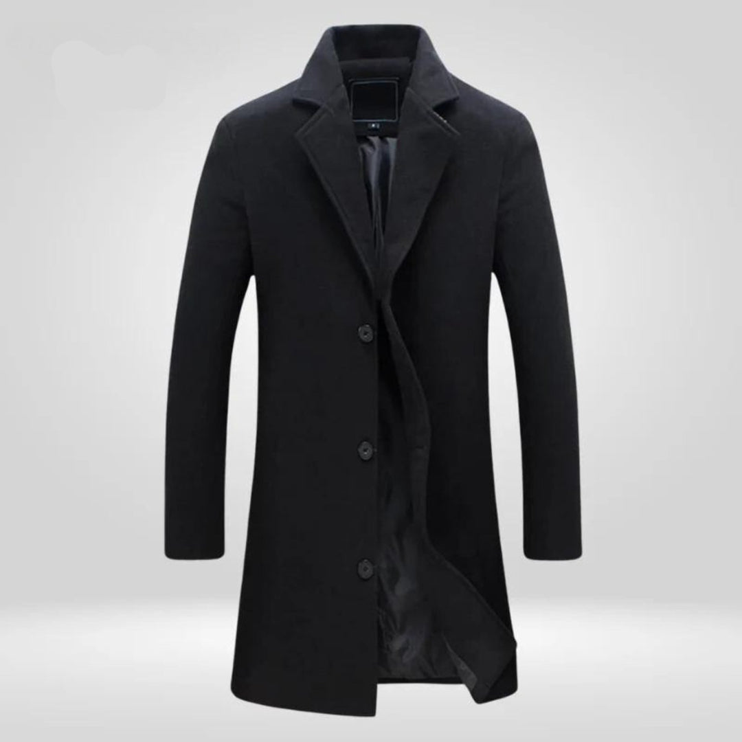 Men's Single-Breasted Wool Coat Long Notch Lapel Overcoat - Black