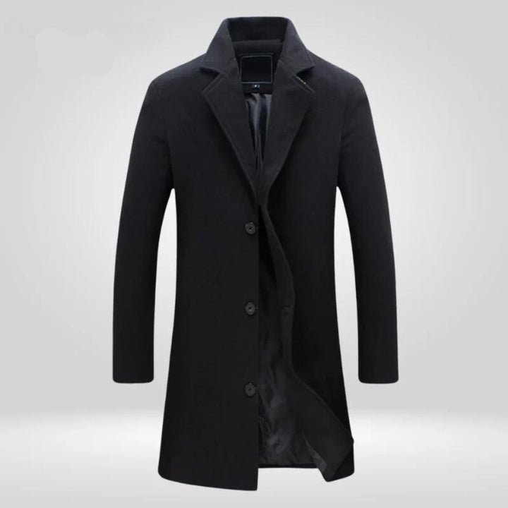 Men's Single-Breasted Wool Coat Long Notch Lapel Overcoat - Black