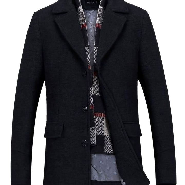 Men's Single-Breasted Wool Overcoat Tailored Lapel Scarf - Black