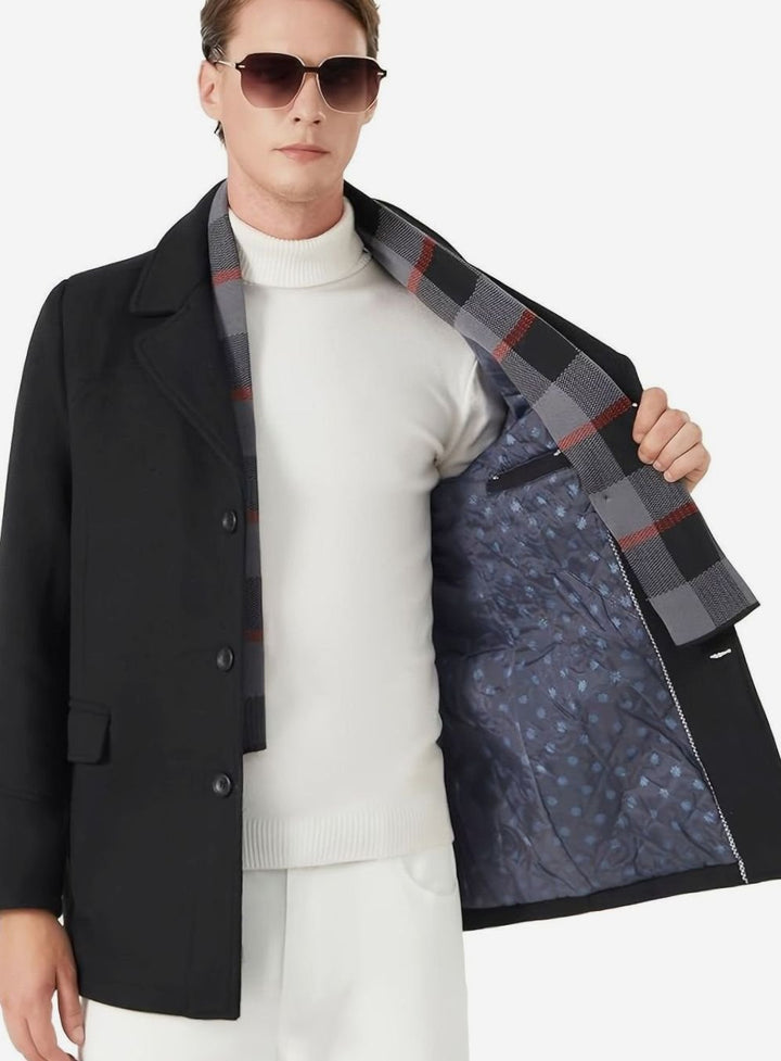Men's Single-Breasted Wool Overcoat Tailored Lapel Scarf