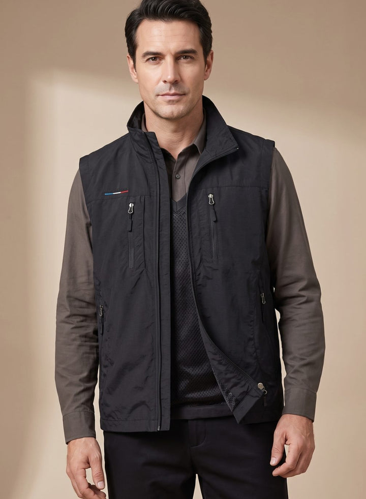 Men's Sleeveless Multi-Pocket Zip-Up Outdoor Cargo Vest - Black