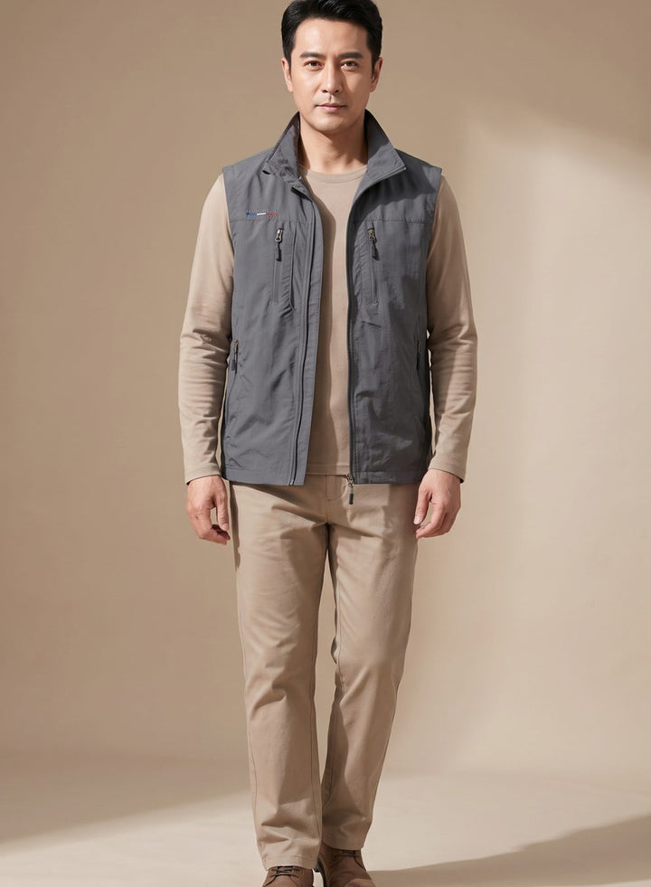 Men's Sleeveless Multi-Pocket Zip-Up Outdoor Cargo Vest - Gray