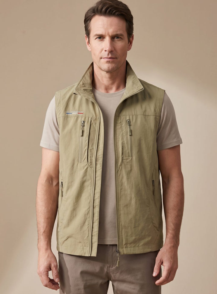 Men's Sleeveless Multi-Pocket Zip-Up Outdoor Cargo Vest - Khaki
