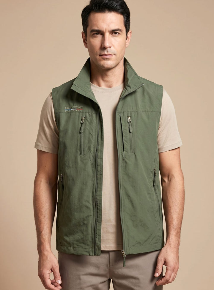 Men's Sleeveless Multi-Pocket Zip-Up Outdoor Cargo Vest - Green
