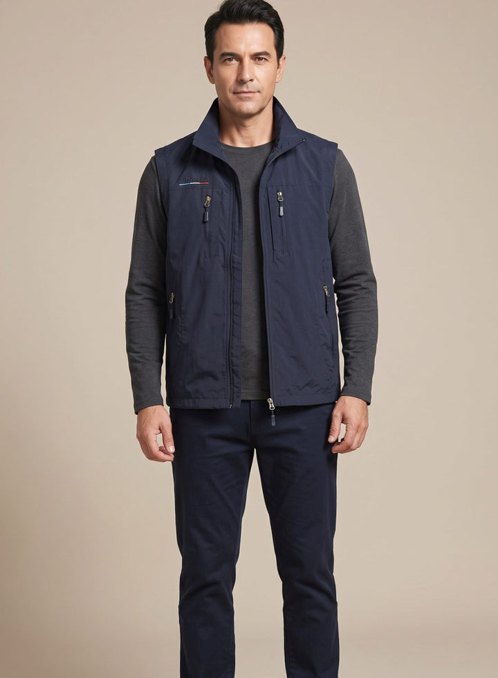 Men's Sleeveless Multi-Pocket Zip-Up Outdoor Cargo Vest - Navy Blue