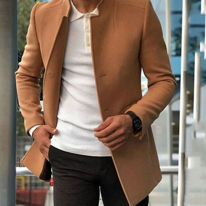 Men's Slim Fit Collarless Wool-Blend Winter Coat - Khaki