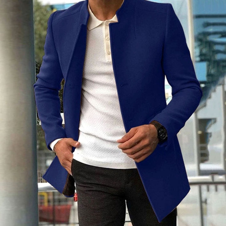 Men's Slim Fit Collarless Wool-Blend Winter Coat - Blue