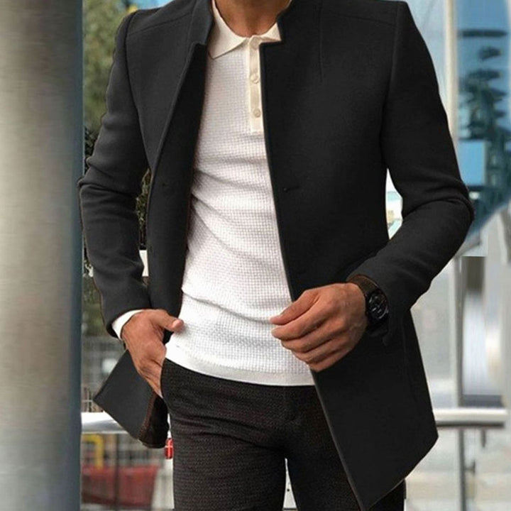 Men's Slim Fit Collarless Wool-Blend Winter Coat - Black