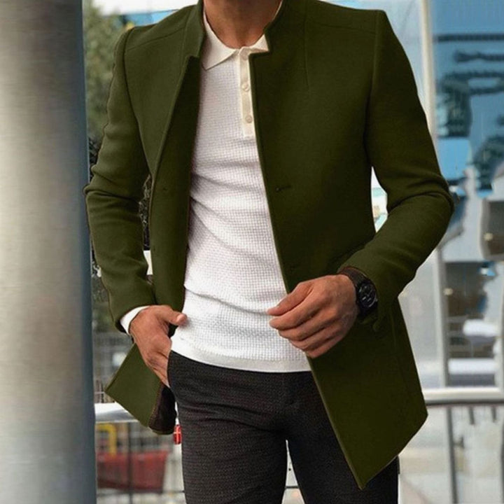 Men's Slim Fit Collarless Wool-Blend Winter Coat - Green