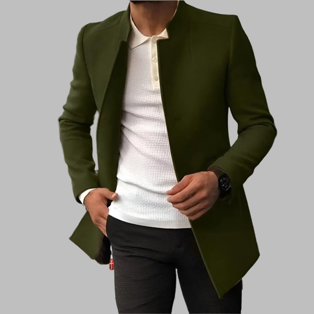 Men's Slim-Fit Collarless Wool Coat Open-Front - Green