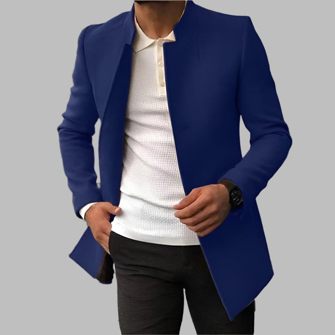 Men's Slim-Fit Collarless Wool Coat Open-Front - Blue