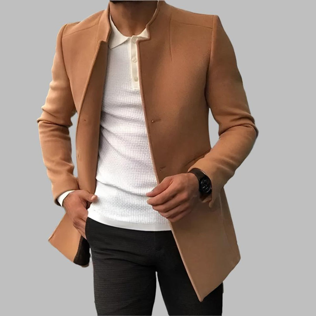 Men's Slim-Fit Collarless Wool Coat Open-Front - Camel