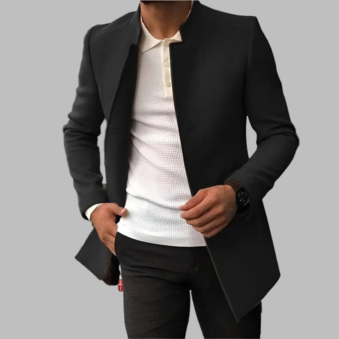 Men's Slim-Fit Collarless Wool Coat Open-Front - Black