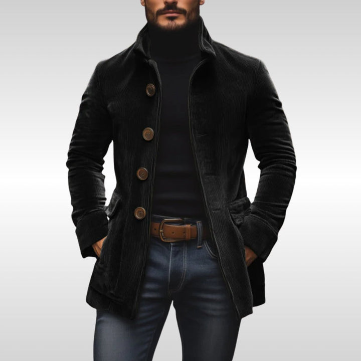 Men's Slim-Fit Corduroy Stand-Collar Wool Coat Button-Up - Black