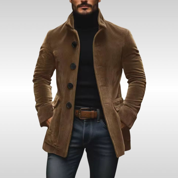 Men's Slim-Fit Corduroy Stand-Collar Wool Coat Button-Up - Light Brown
