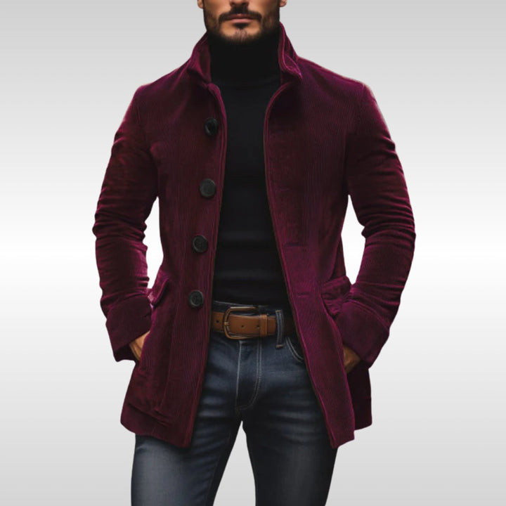 Men's Slim-Fit Corduroy Stand-Collar Wool Coat Button-Up - Burgundy