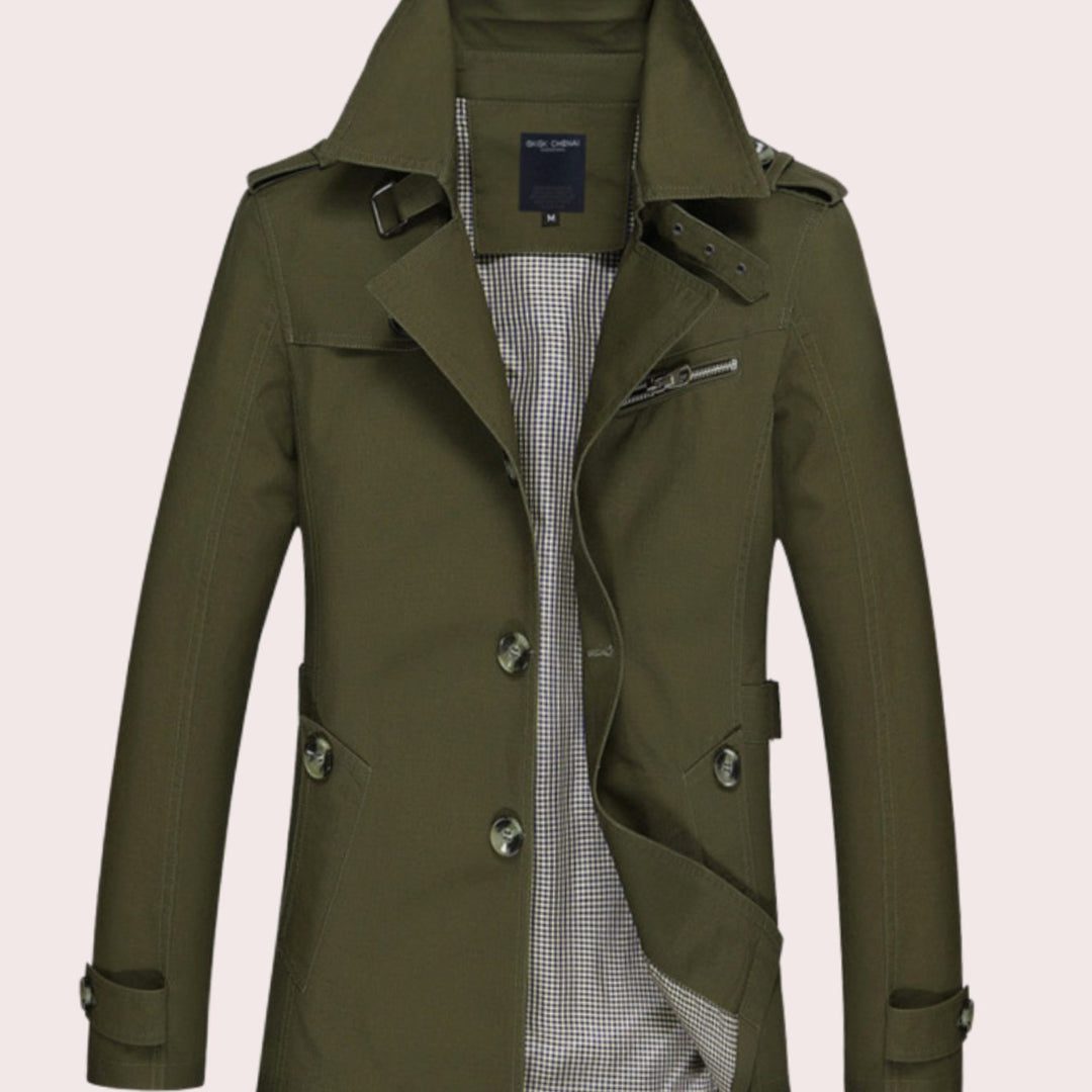 Men's Slim Fit Double Breasted Trench Coat Epaulette Jacket - Army Green