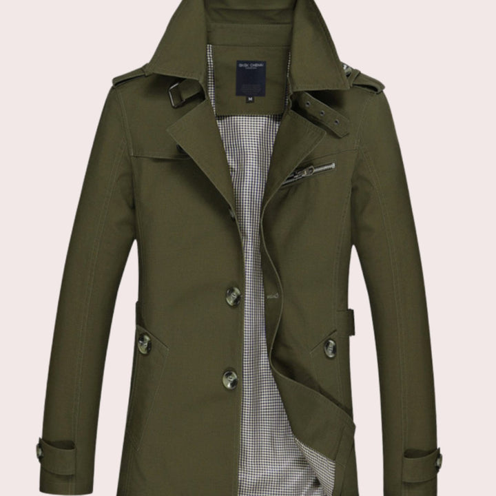 Men's Slim Fit Double Breasted Trench Coat Epaulette Jacket - Army Green