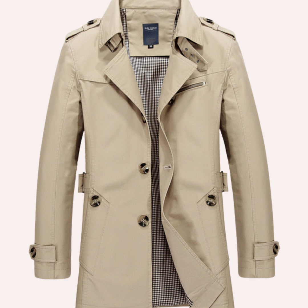 Men's Slim Fit Double Breasted Trench Coat Epaulette Jacket - Beige