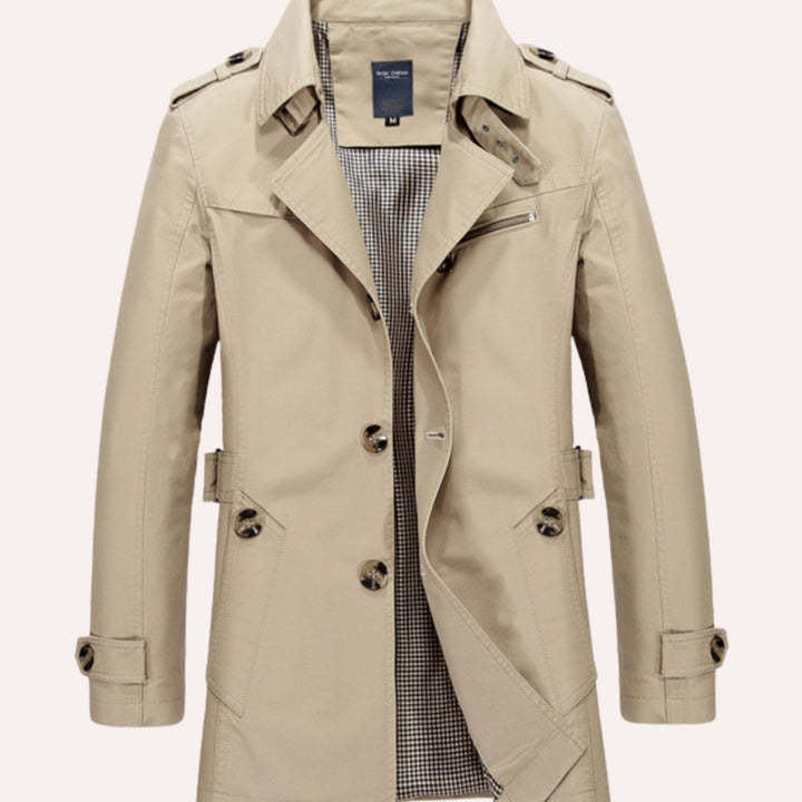 Men's Slim Fit Double Breasted Trench Coat Epaulette Jacket - Beige