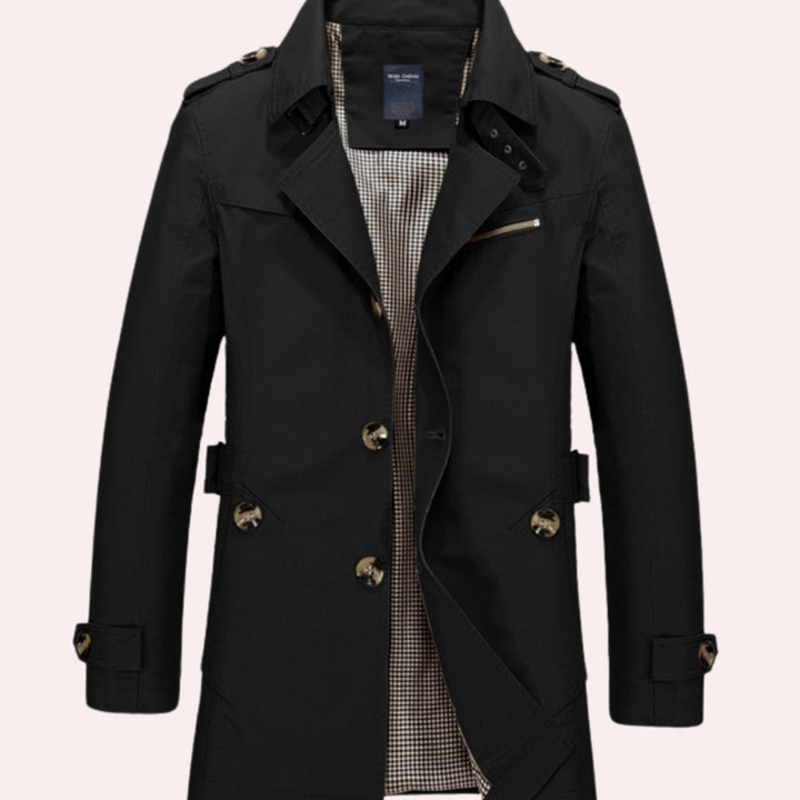 Men's Slim Fit Double Breasted Trench Coat Epaulette Jacket - Black