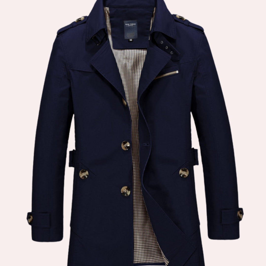 Men's Slim Fit Double Breasted Trench Coat Epaulette Jacket - Dark Blue