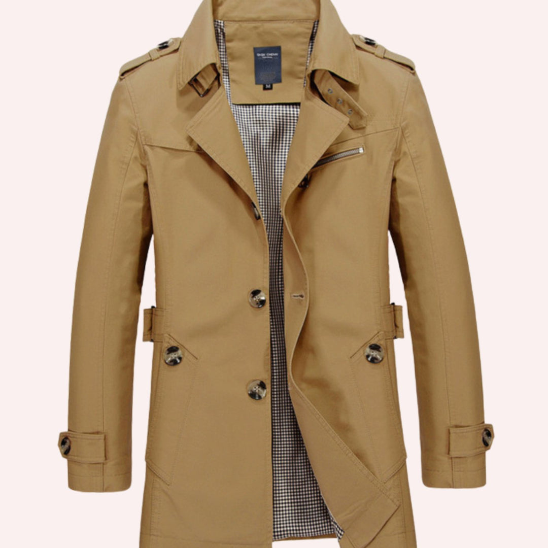 Men's Slim Fit Double Breasted Trench Coat Epaulette Jacket - Khaki