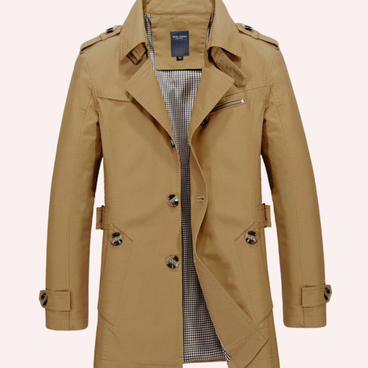 Men's Slim Fit Double Breasted Trench Coat Epaulette Jacket - Khaki