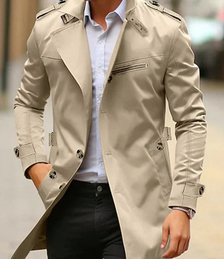 Men's Slim-Fit Double-Breasted Wool Coat Trench Jacket - Light Beige