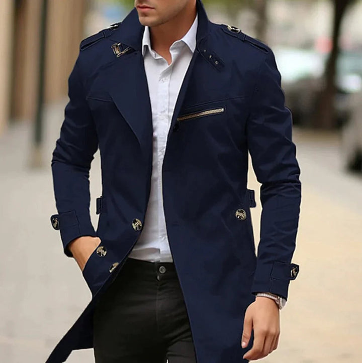 Men's Slim-Fit Double-Breasted Wool Coat Trench Jacket - Dark Navy