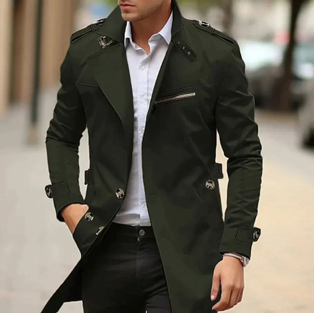 Men's Slim-Fit Double-Breasted Wool Coat Trench Jacket - Green