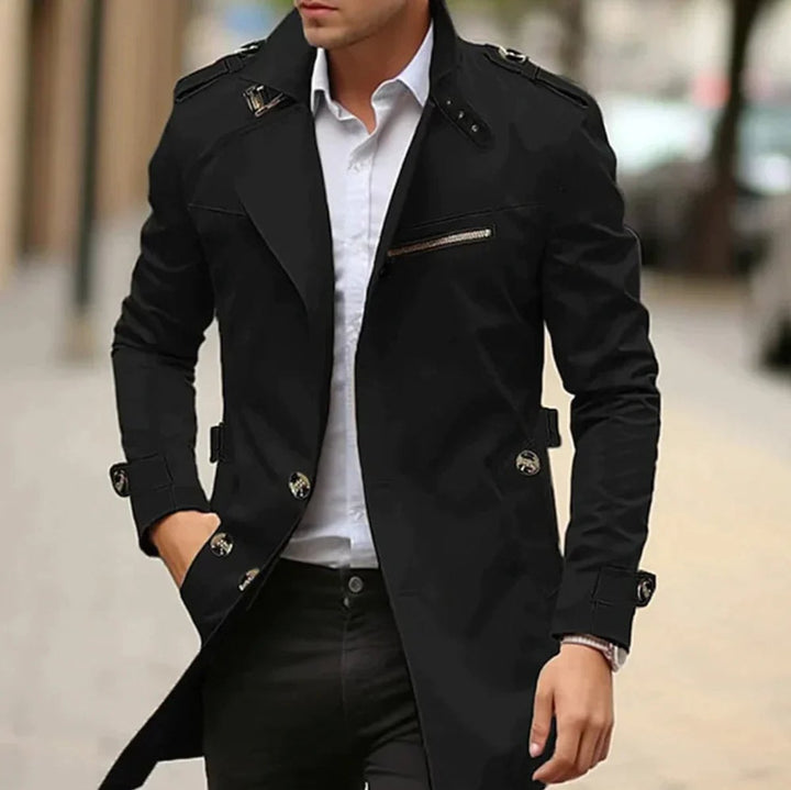Men's Slim-Fit Double-Breasted Wool Coat Trench Jacket - Black