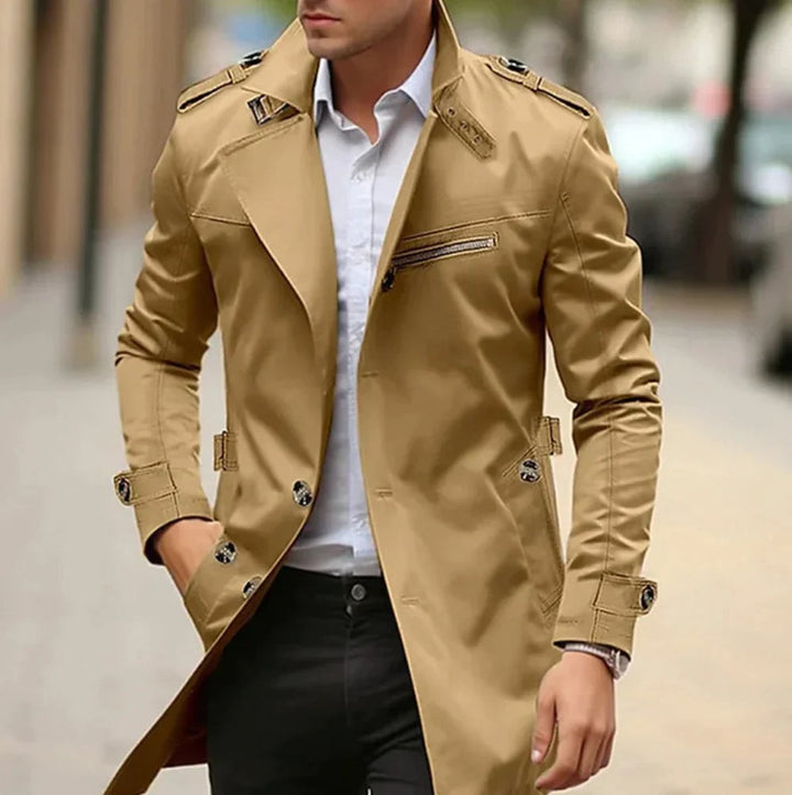 Men's Slim-Fit Double-Breasted Wool Coat Trench Jacket - Dark Beige