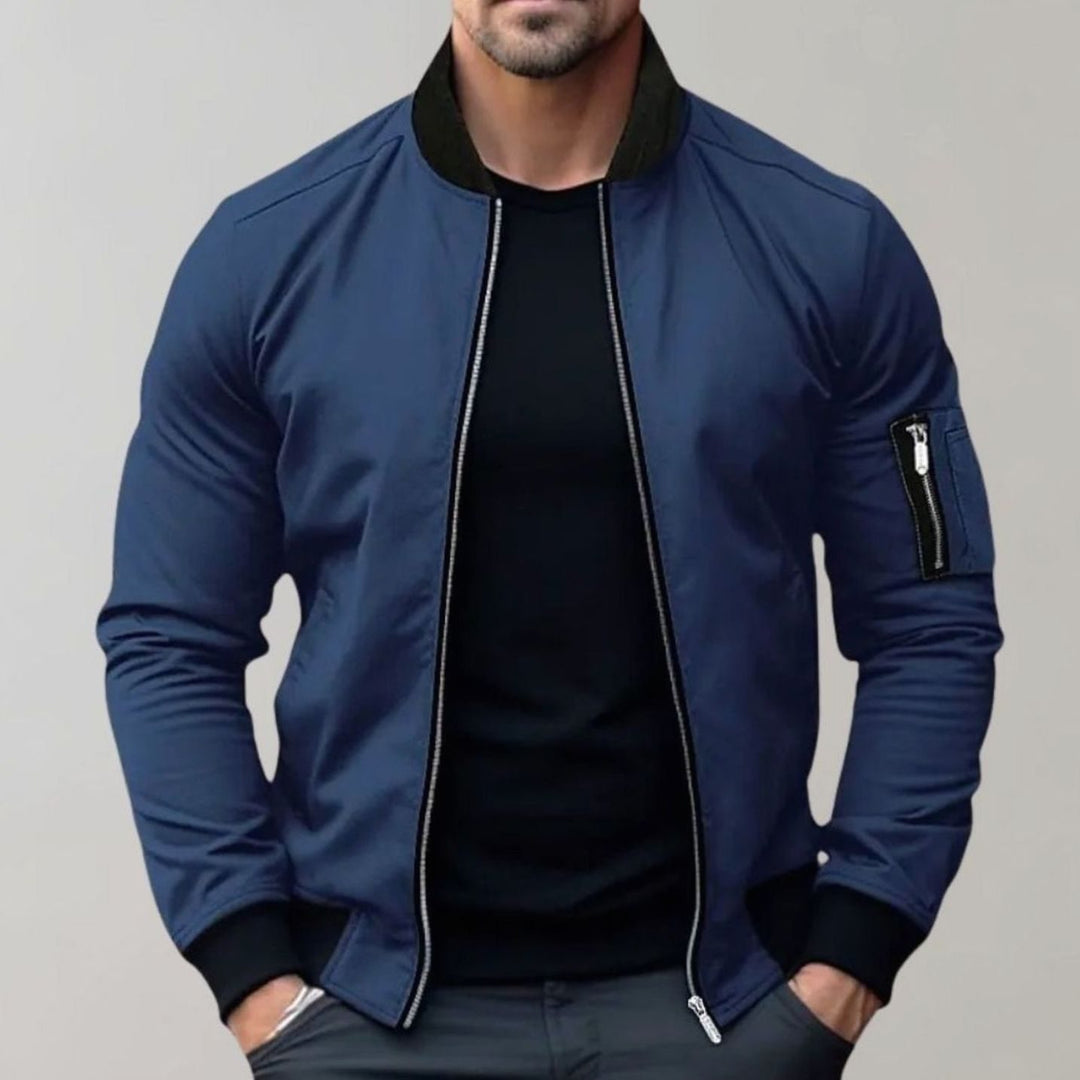Men's Slim Fit Full-Zip Bomber Jacket Ribbed Collar - Blue