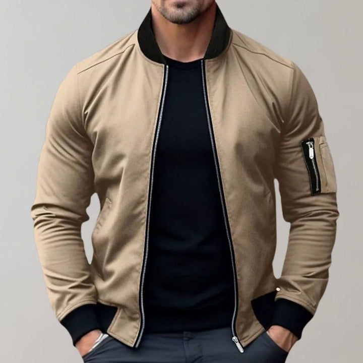 Men's Slim Fit Full-Zip Bomber Jacket Ribbed Collar - Khaki