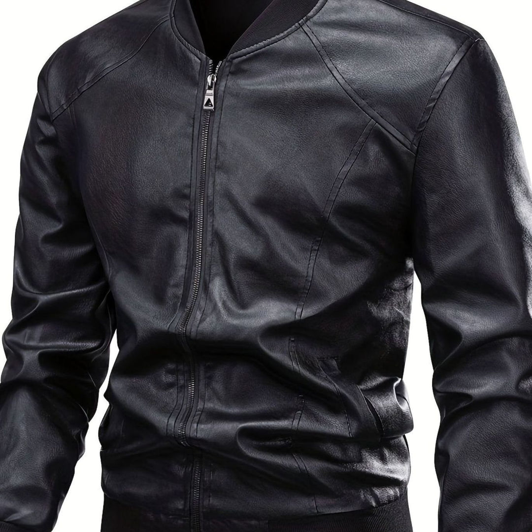 Men's Slim-Fit Full-Zip Faux Leather Bomber Jacket - Black