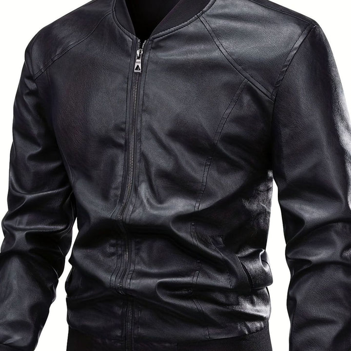 Men's Slim-Fit Full-Zip Faux Leather Bomber Jacket - Black