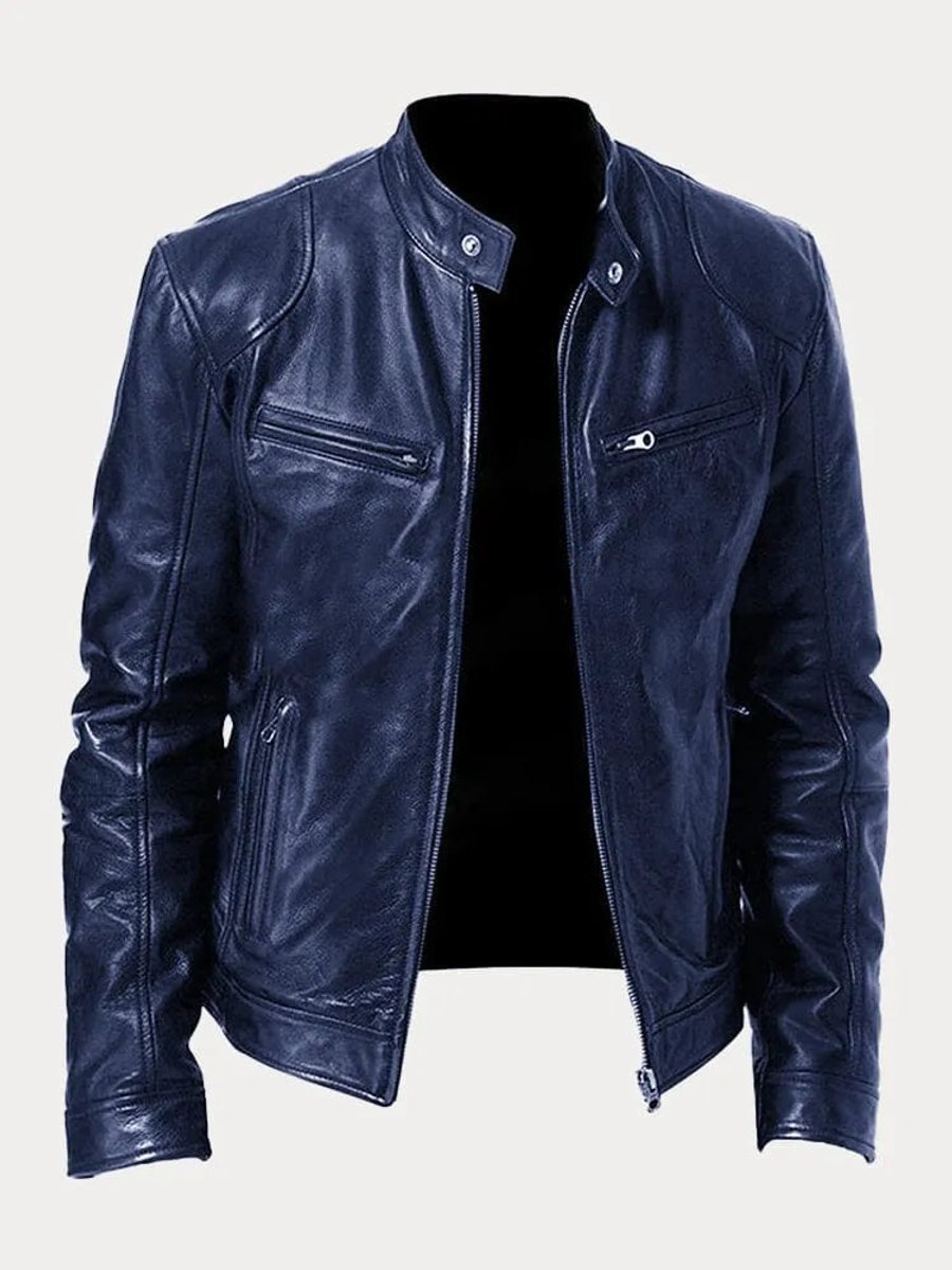 Men's Slim-Fit Moto Leather Mens Quilted Jacket Stand Collar - Dark Blue