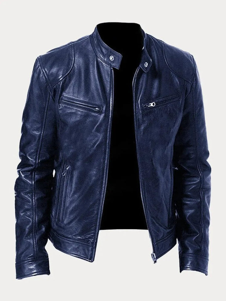 Men's Slim-Fit Moto Leather Mens Quilted Jacket Stand Collar - Dark Blue