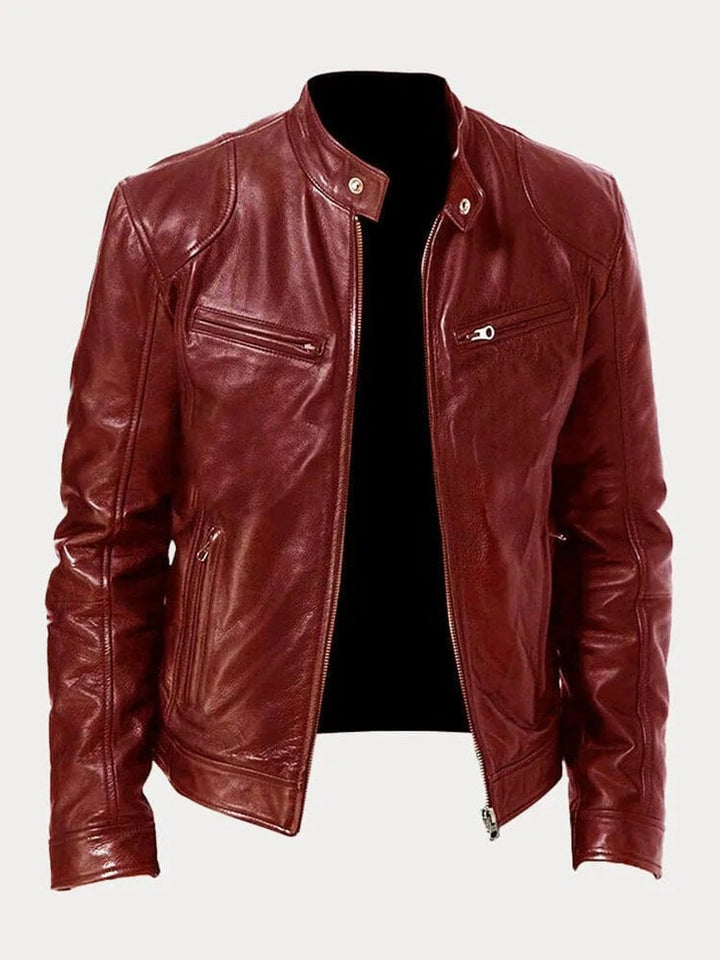 Men's Slim-Fit Moto Leather Mens Quilted Jacket Stand Collar - Dark Red