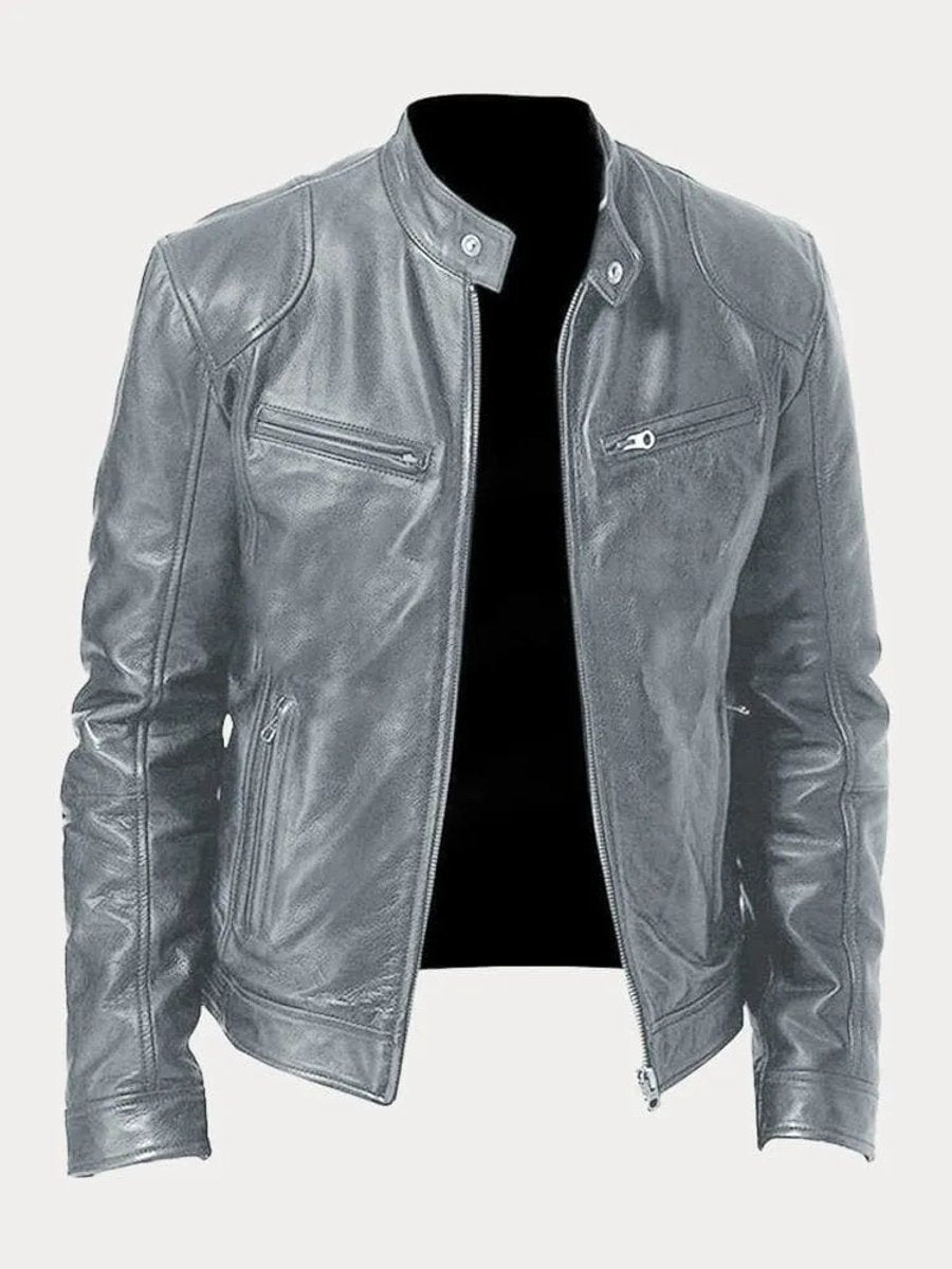 Men's Slim-Fit Moto Leather Mens Quilted Jacket Stand Collar - Gray