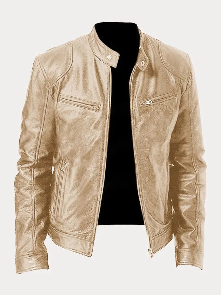 Men's Slim-Fit Moto Leather Mens Quilted Jacket Stand Collar - Gold